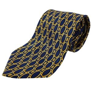 LANVIN PARIS 100% Silk Tie Navy Blue Gold‎ Oval Leaf Geometric Print 60" x 3.75"